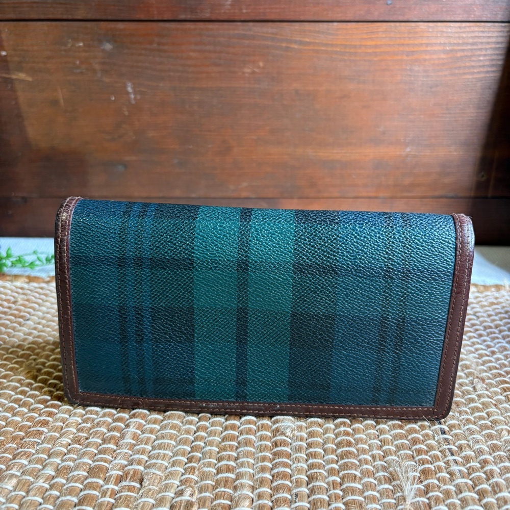Vintage POLO Ralph Lauren Green Blue Plaid Bifold Leather Wallet With Brown Trim - Picture 2 of 12